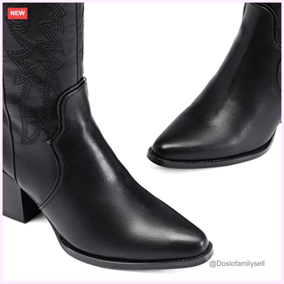 Womens Knee High Cowboy Boots Wide Calf Chunky Heel Pull On Zipper - Picture 5 of 7